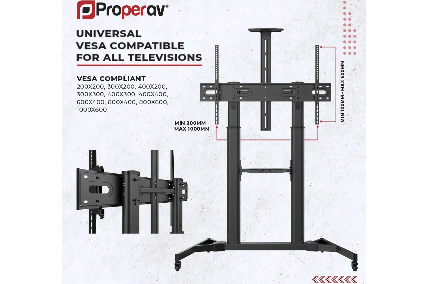 TV Trolley Stand on Wheels 60" 63" 70" 75" 80" 100" Max Load 100kg VESA Max 1000x600mm