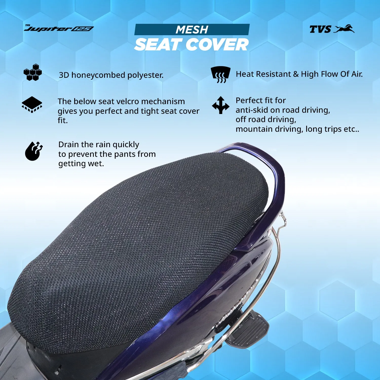 TVS Mesh Seat Cover for JUPITER125  - Polyester, Breathable 3D Honeycomb with Anti-Slip, All-Weather Protection