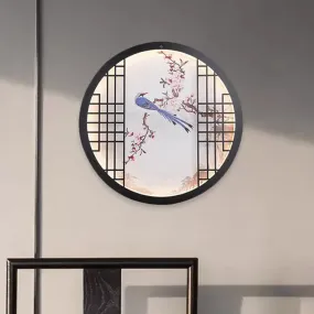 Ultrathin Chinese LED Bedroom Wall Art - Round Bird and Flower Branch Design in Black