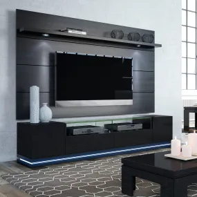 Vanderbilt TV Stand and Cabrini 2.2 Floating Wall TV Panel with LED Lights in Black Gloss and Black Matte