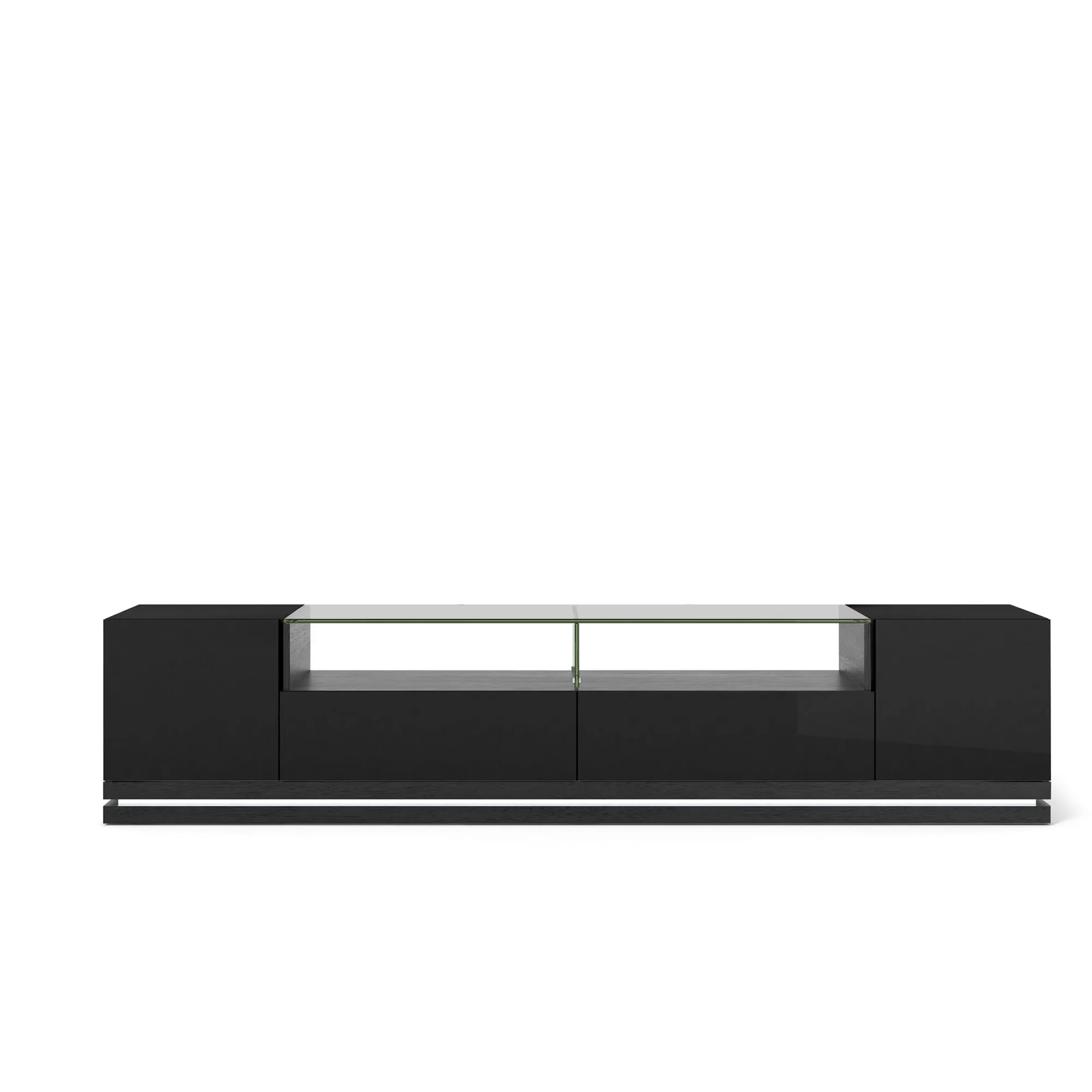 Vanderbilt TV Stand and Cabrini 2.2 Floating Wall TV Panel with LED Lights in Black Gloss and Black Matte