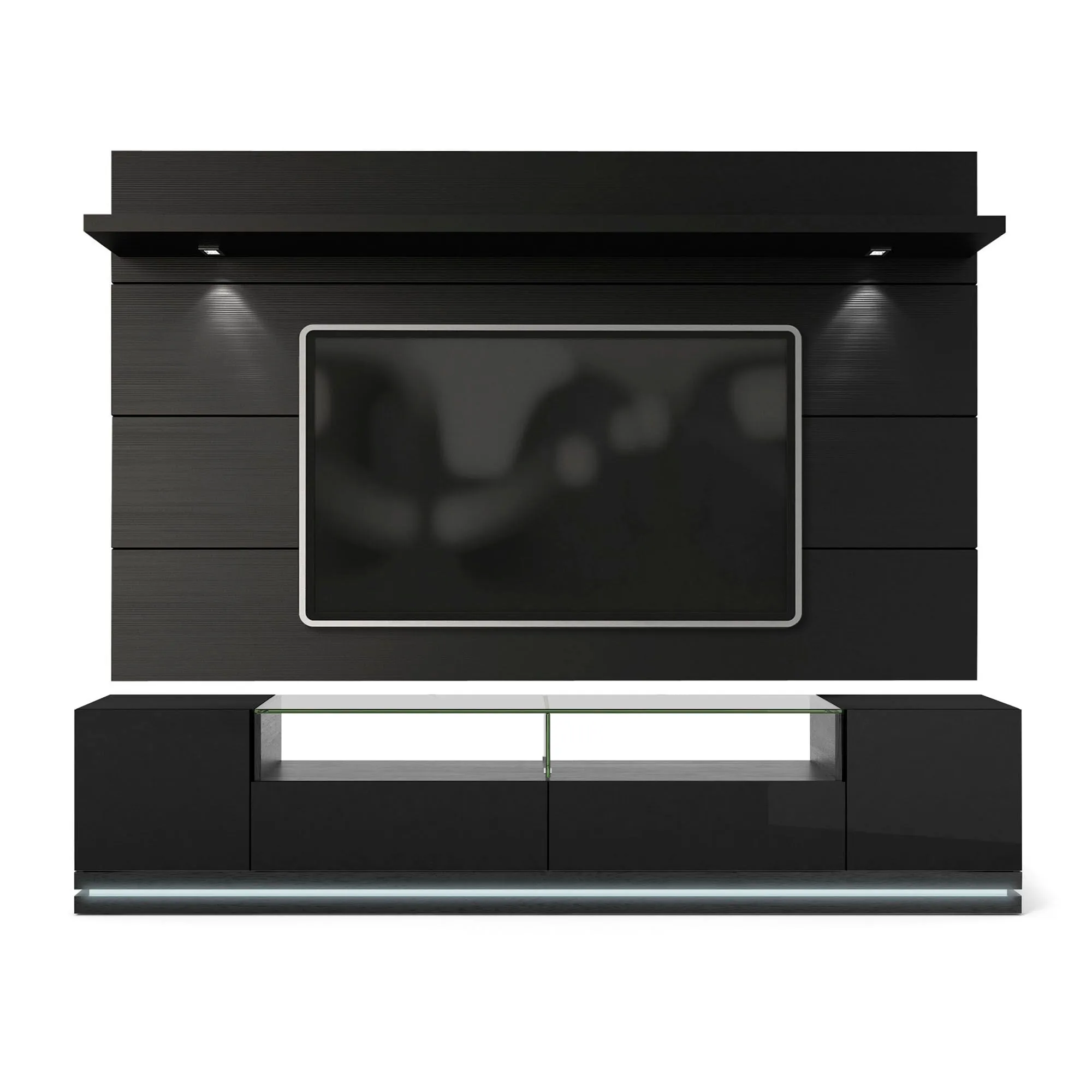 Vanderbilt TV Stand and Cabrini 2.2 Floating Wall TV Panel with LED Lights in Black Gloss and Black Matte
