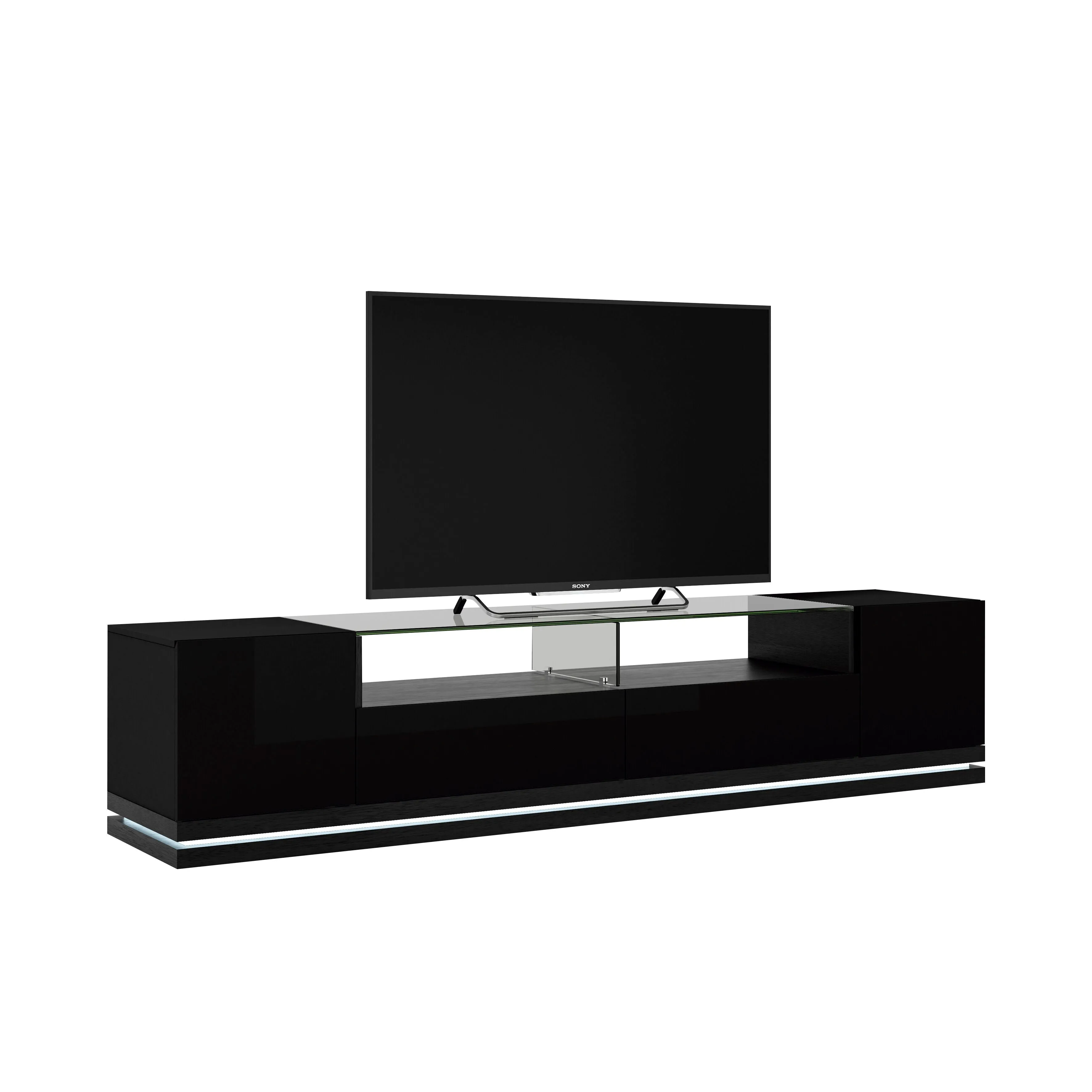 Vanderbilt TV Stand and Cabrini 2.2 Floating Wall TV Panel with LED Lights in Black Gloss and Black Matte