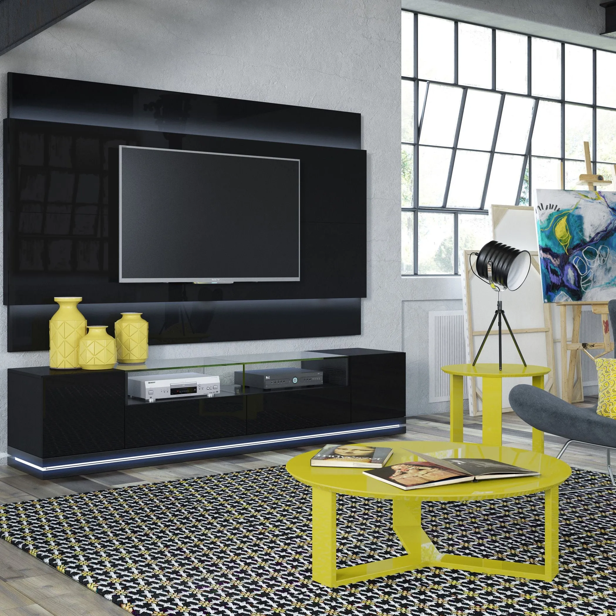Vanderbilt TV Stand and Cabrini 2.2 Floating Wall TV Panel with LED Lights in Black Gloss and Black Matte