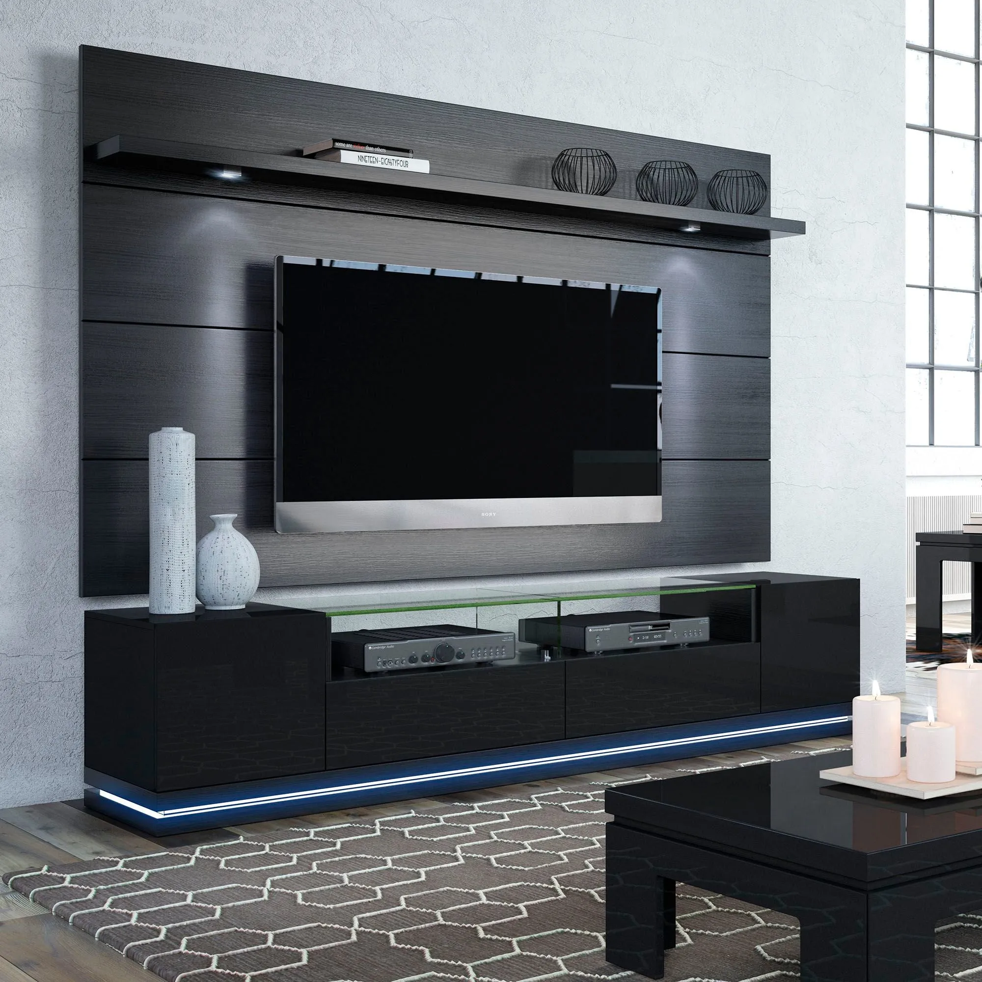 Vanderbilt TV Stand and Cabrini 2.2 Floating Wall TV Panel with LED Lights in Black Gloss and Black Matte