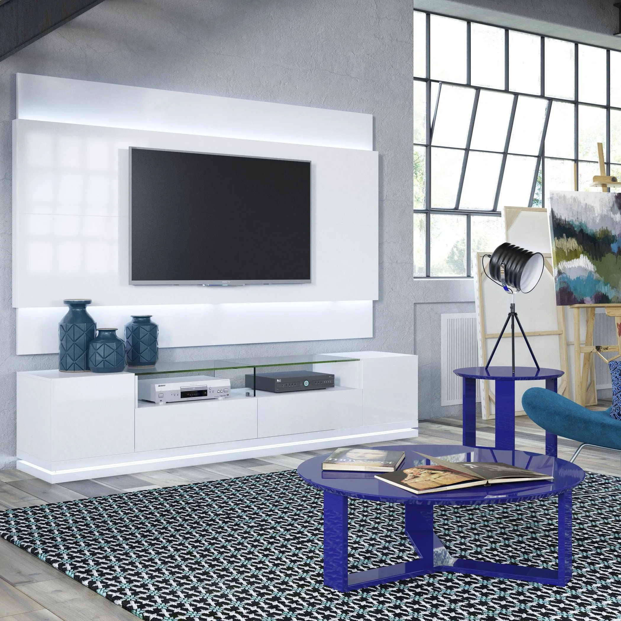 Vanderbilt TV Stand and Cabrini 2.2 Floating Wall TV Panel with LED Lights in White Gloss