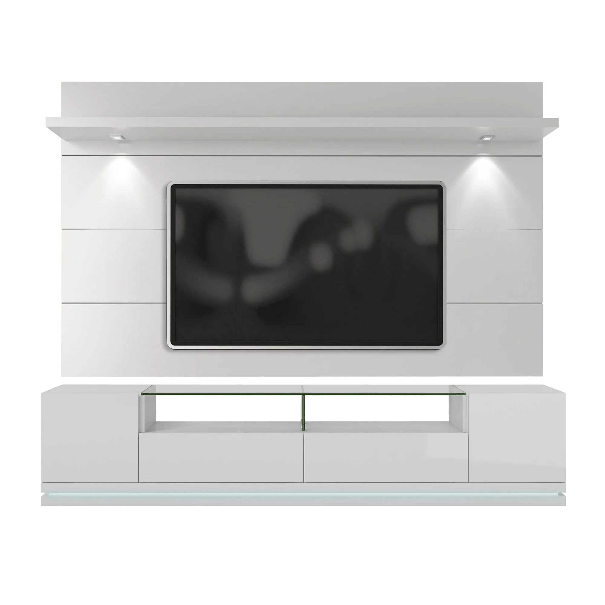 Vanderbilt TV Stand and Cabrini 2.2 Floating Wall TV Panel with LED Lights in White Gloss