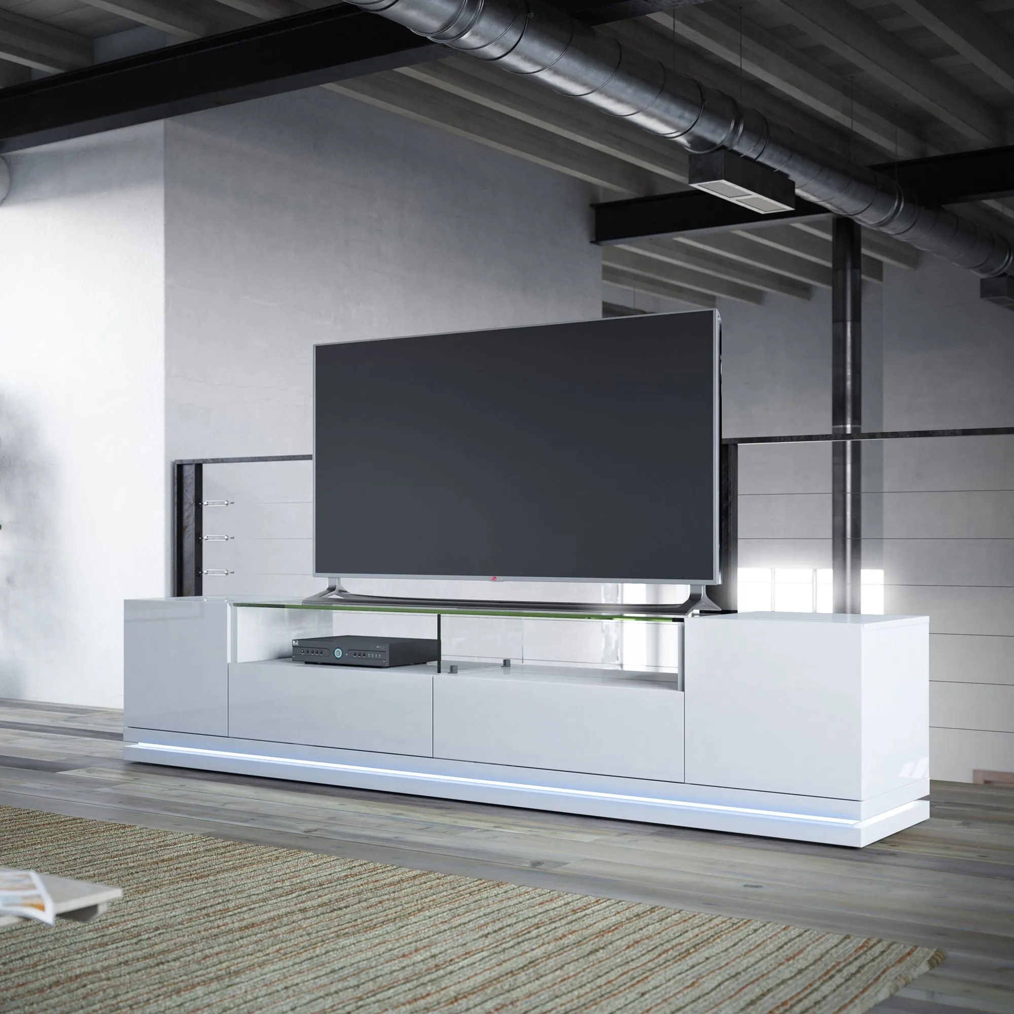 Vanderbilt TV Stand and Cabrini 2.2 Floating Wall TV Panel with LED Lights in White Gloss