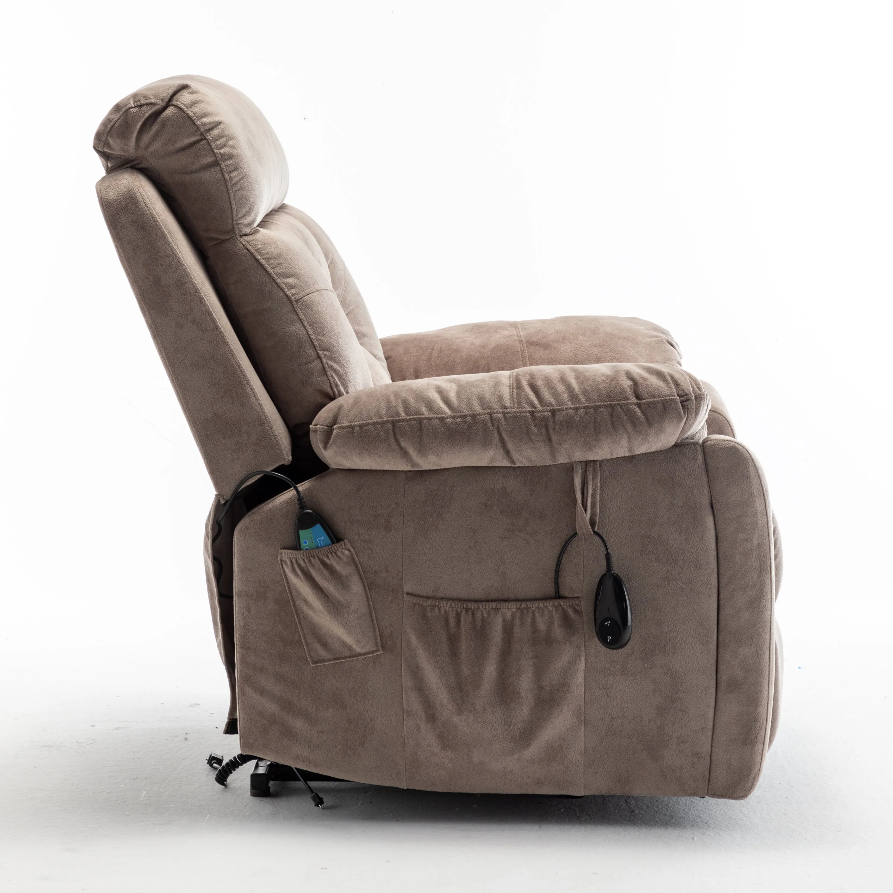 Velvet Power Lift Recliner Heated Zero Gravity Massage Chair with storage pockets - Beige Brown