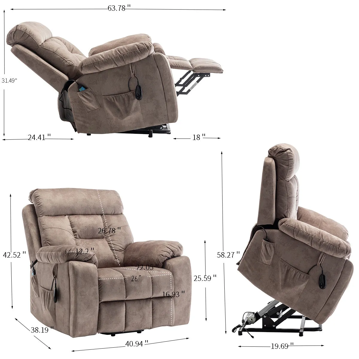 Velvet Power Lift Recliner Heated Zero Gravity Massage Chair with storage pockets - Beige Brown