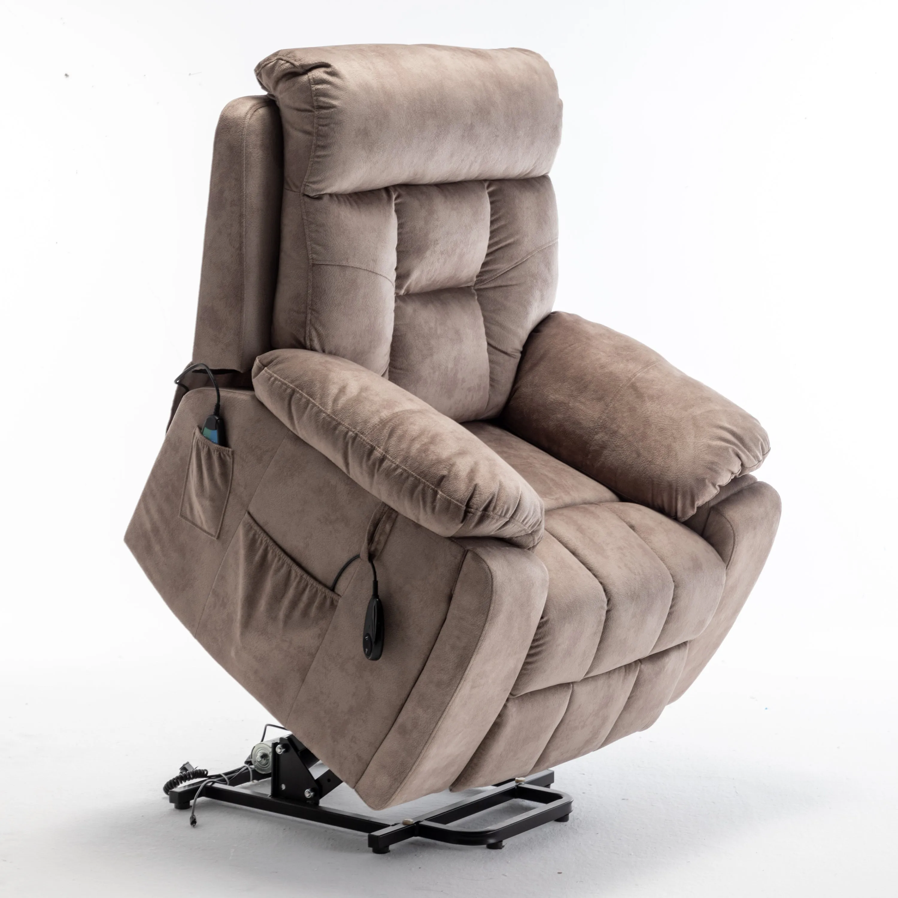 Velvet Power Lift Recliner Heated Zero Gravity Massage Chair with storage pockets - Beige Brown