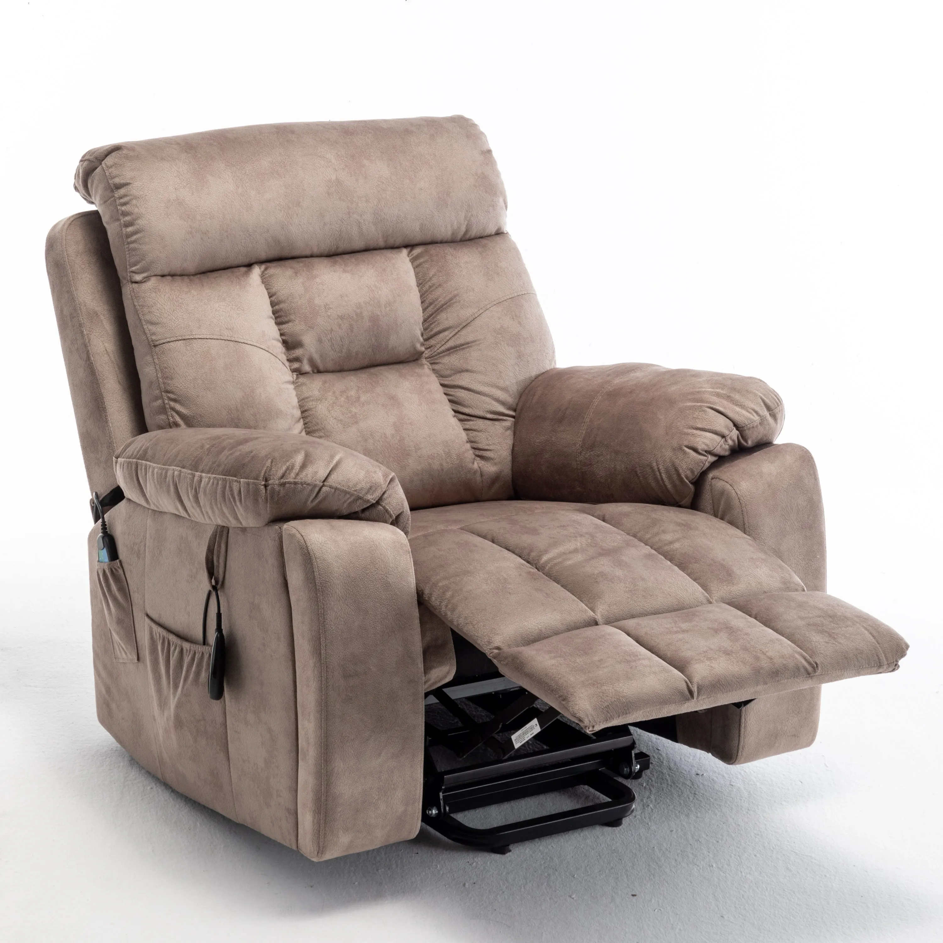 Velvet Power Lift Recliner Heated Zero Gravity Massage Chair with storage pockets - Beige Brown