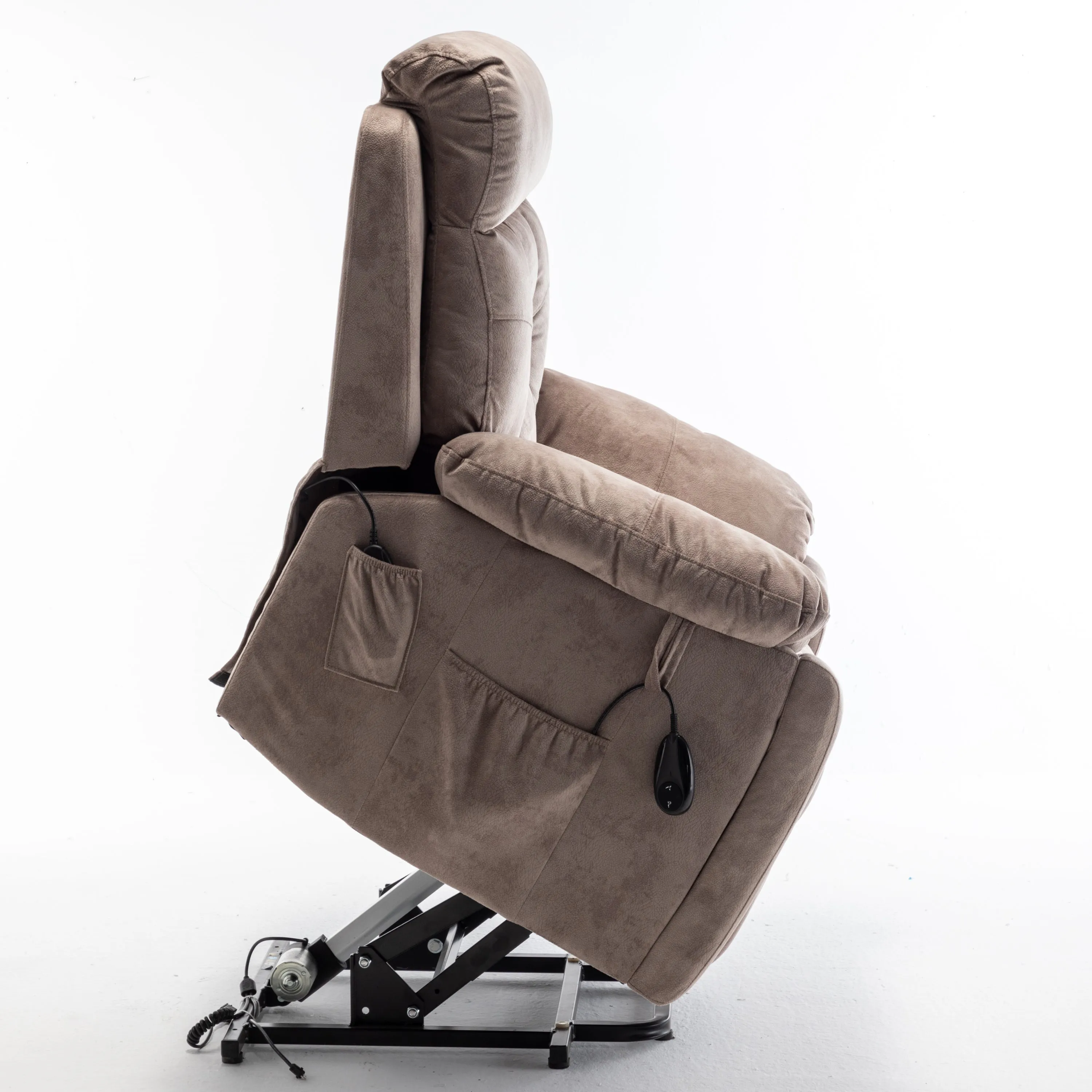 Velvet Power Lift Recliner Heated Zero Gravity Massage Chair with storage pockets - Beige Brown