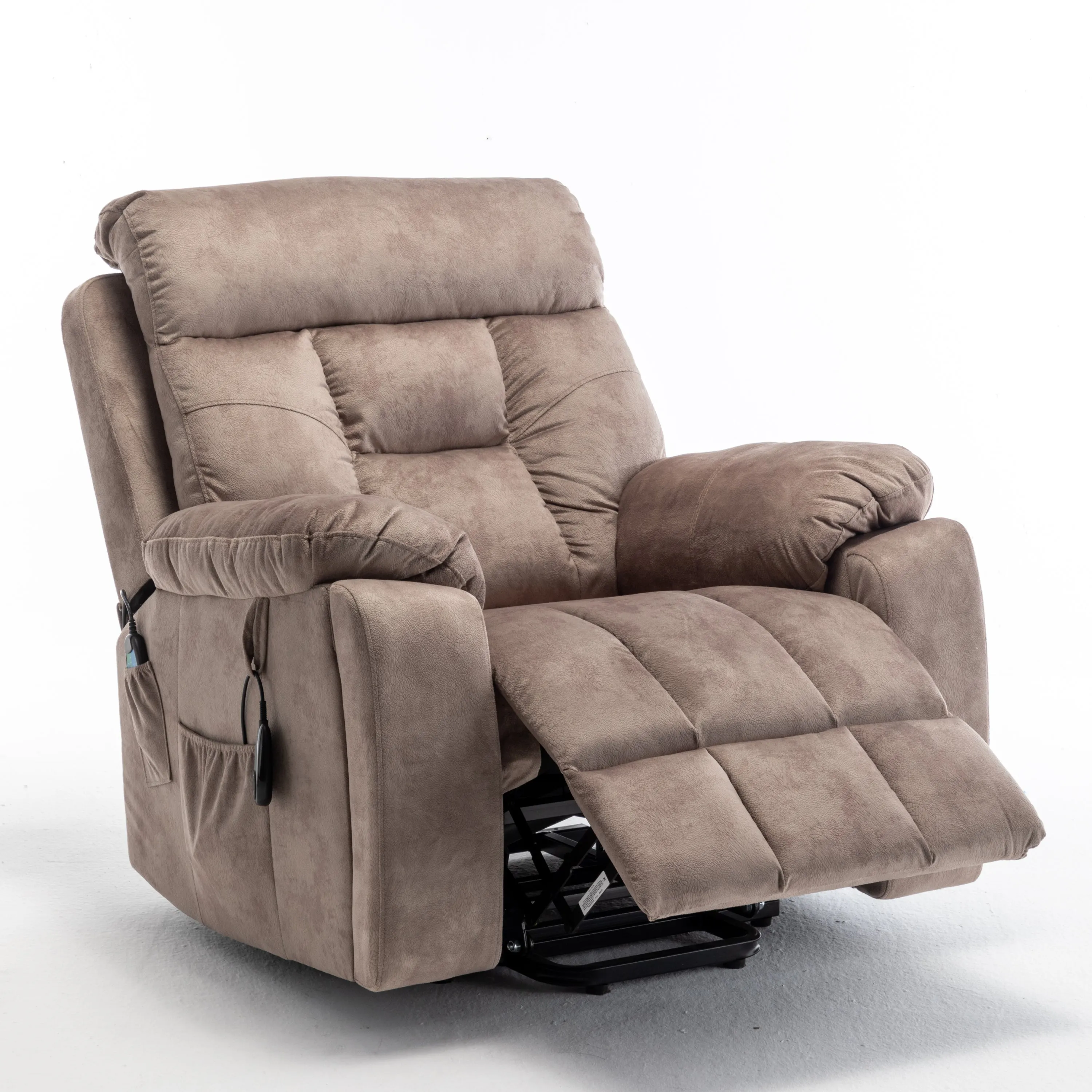 Velvet Power Lift Recliner Heated Zero Gravity Massage Chair with storage pockets - Beige Brown