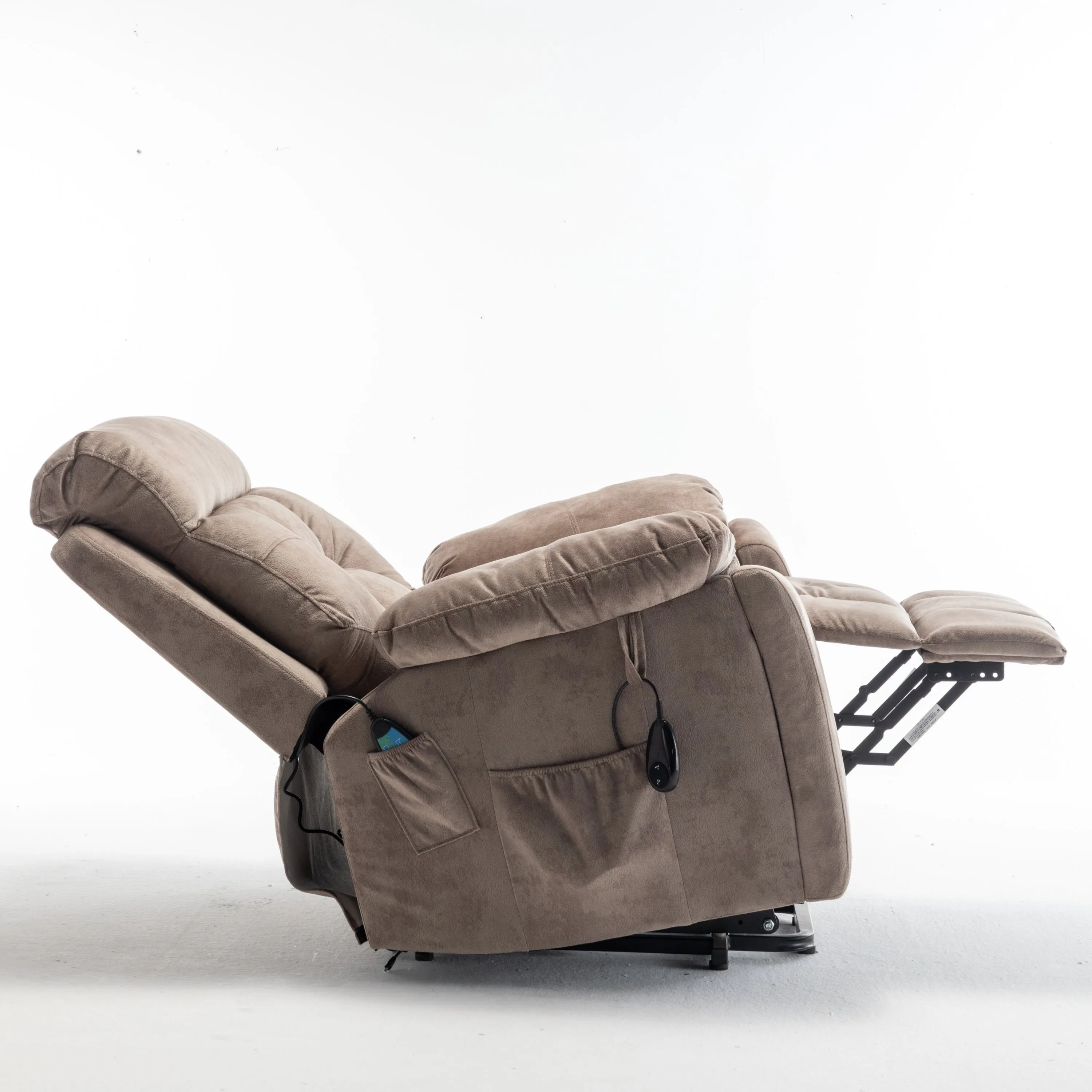 Velvet Power Lift Recliner Heated Zero Gravity Massage Chair with storage pockets - Beige Brown