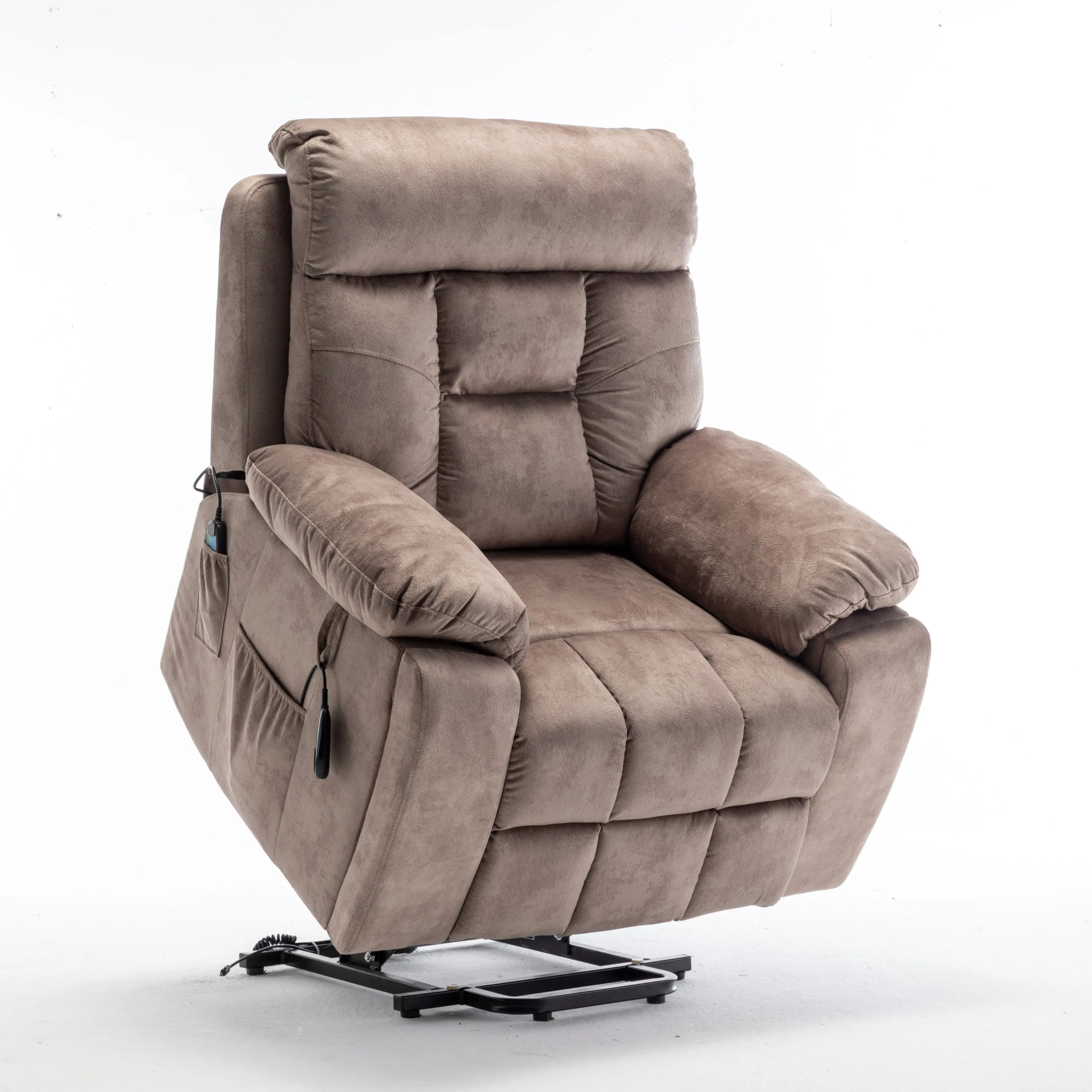 Velvet Power Lift Recliner Heated Zero Gravity Massage Chair with storage pockets - Beige Brown