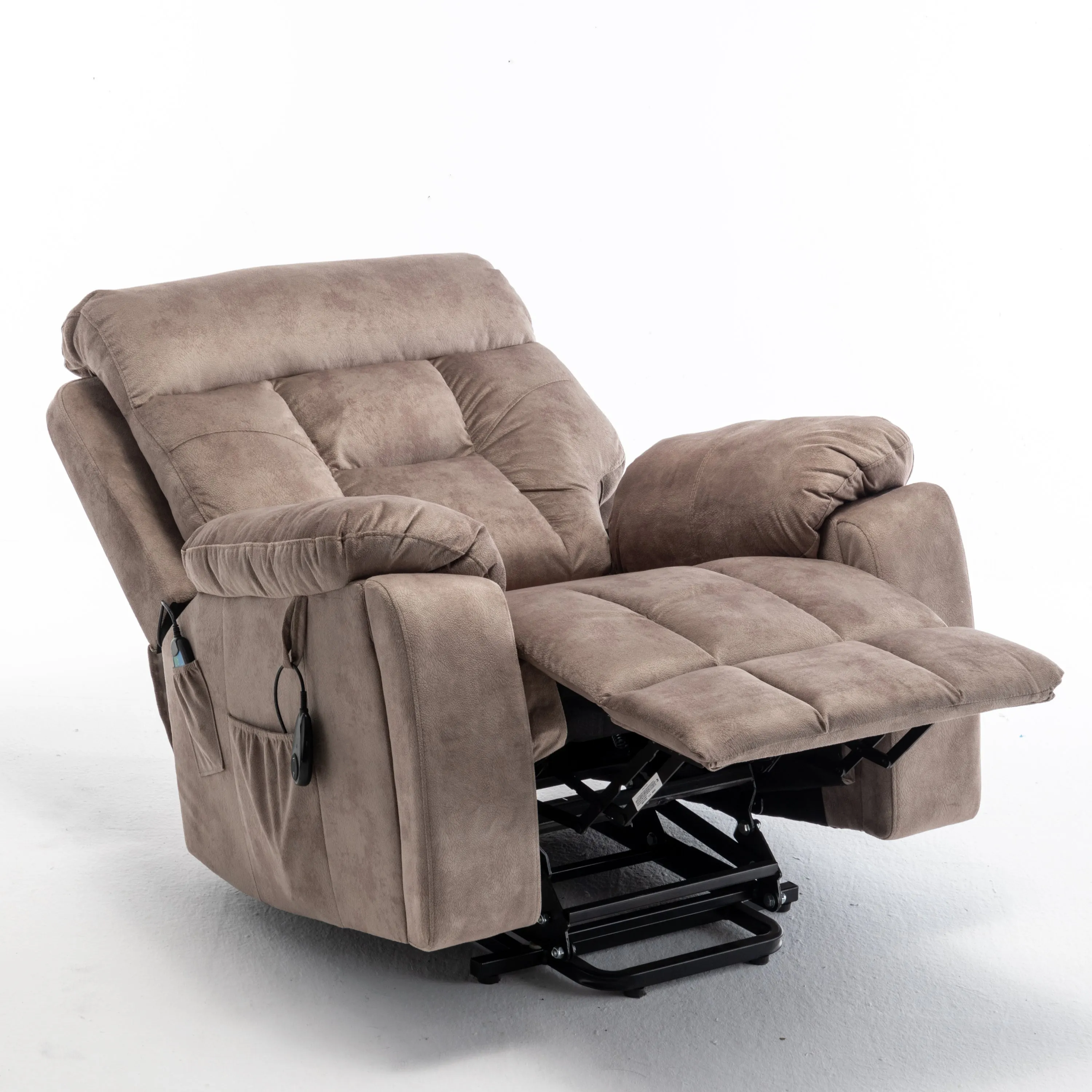 Velvet Power Lift Recliner Heated Zero Gravity Massage Chair with storage pockets - Beige Brown