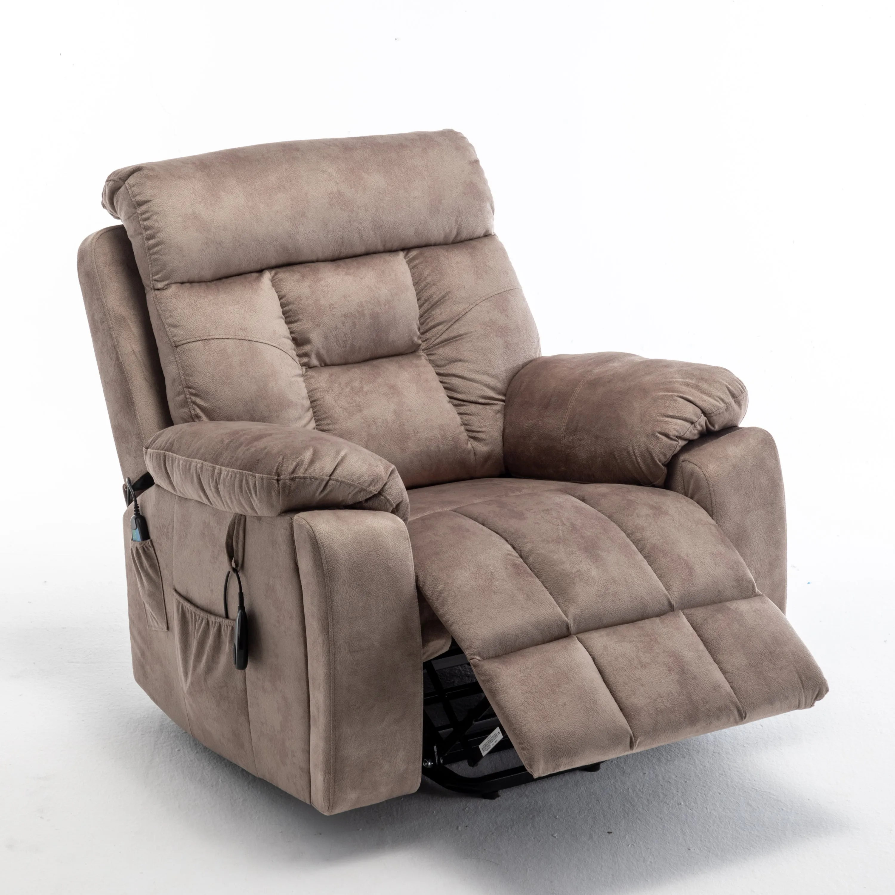Velvet Power Lift Recliner Heated Zero Gravity Massage Chair with storage pockets - Beige Brown