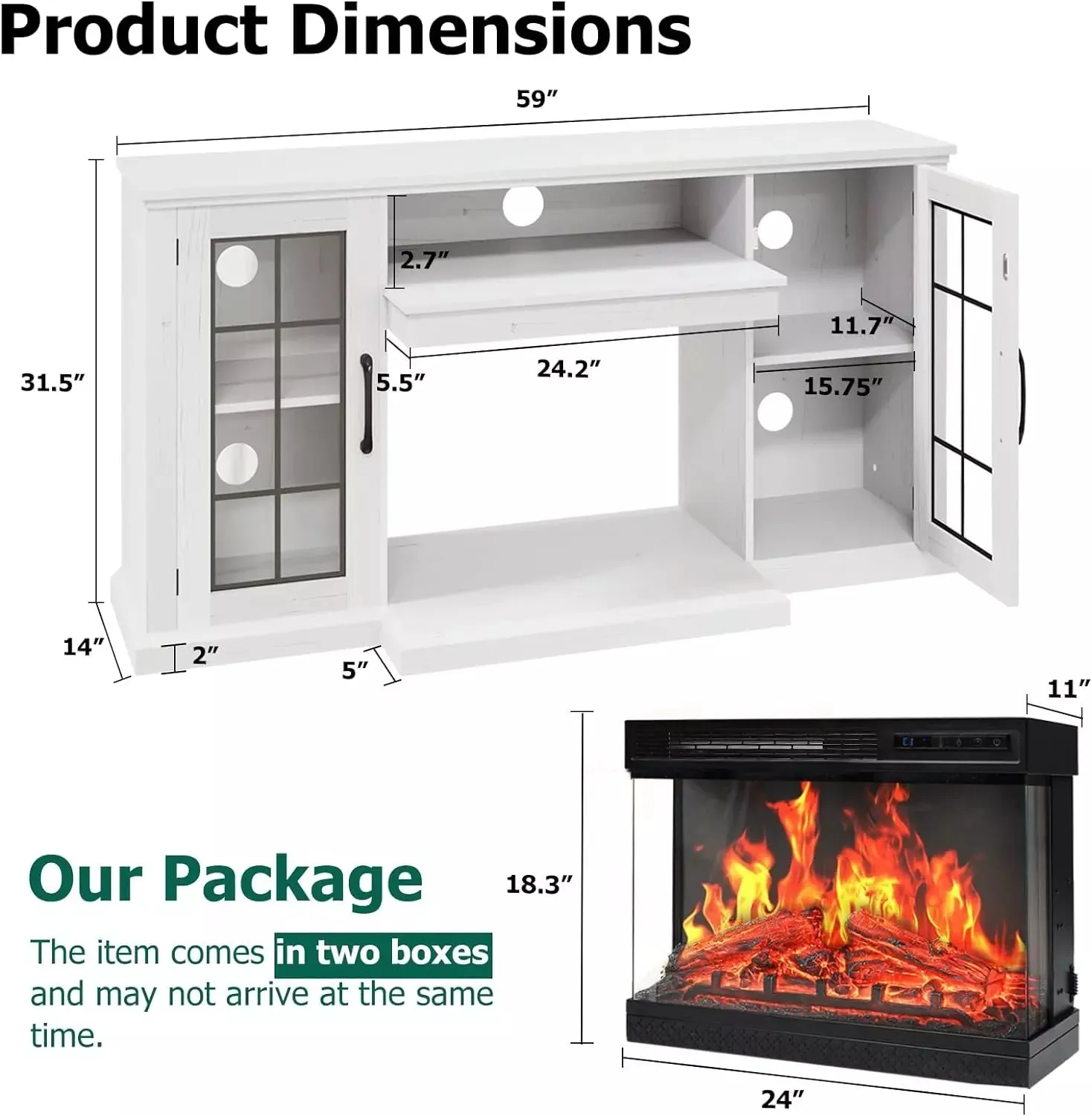 Vitesse 59 inches 3-Sided Glass Fireplace TV Stand for TVs up to 65'' with Fireplace