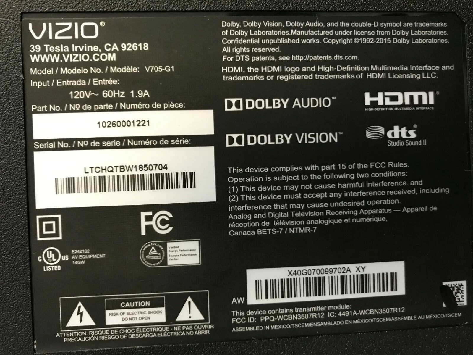 VIZIO V-Series™ 70” Class 4K HDR Smart TV | V705-G1 | Open Box | Local pick-up in Los Angeles area CANNOT SHIP!