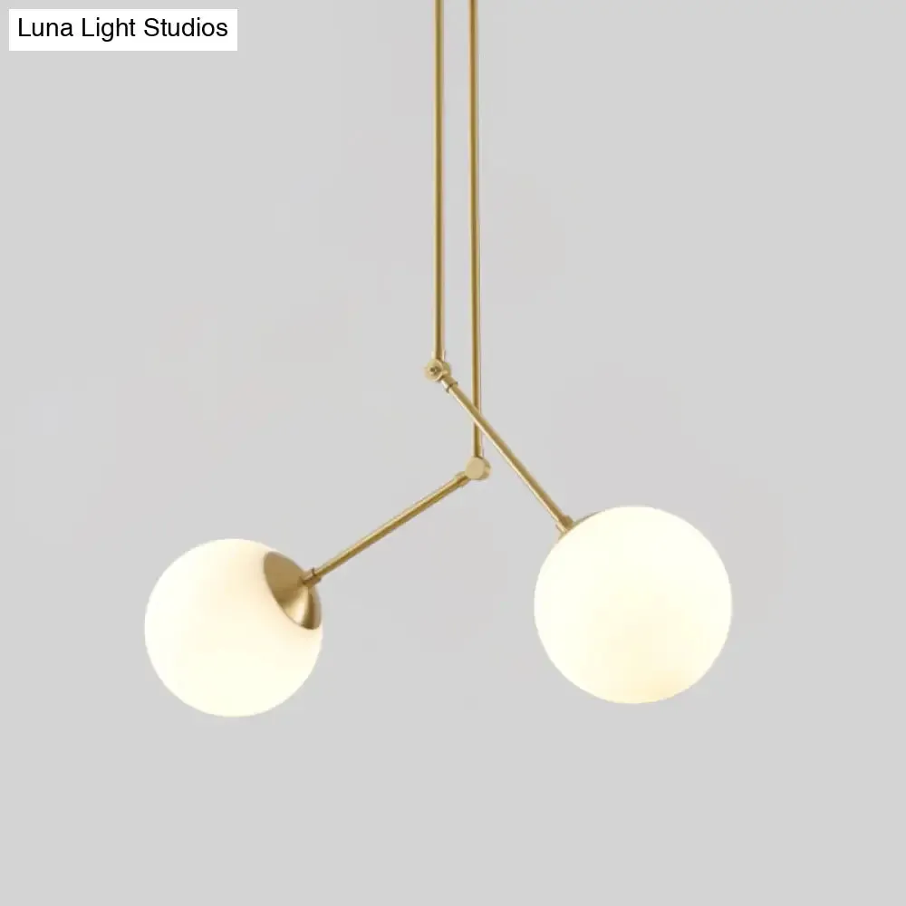 White Glass 2-Head Multi-Light Pendant with Adjustable Brass Node for Living Room Ceiling