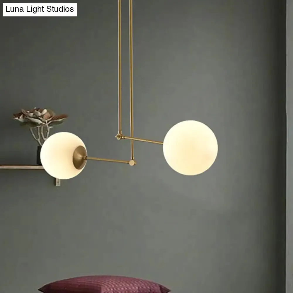 White Glass 2-Head Multi-Light Pendant with Adjustable Brass Node for Living Room Ceiling