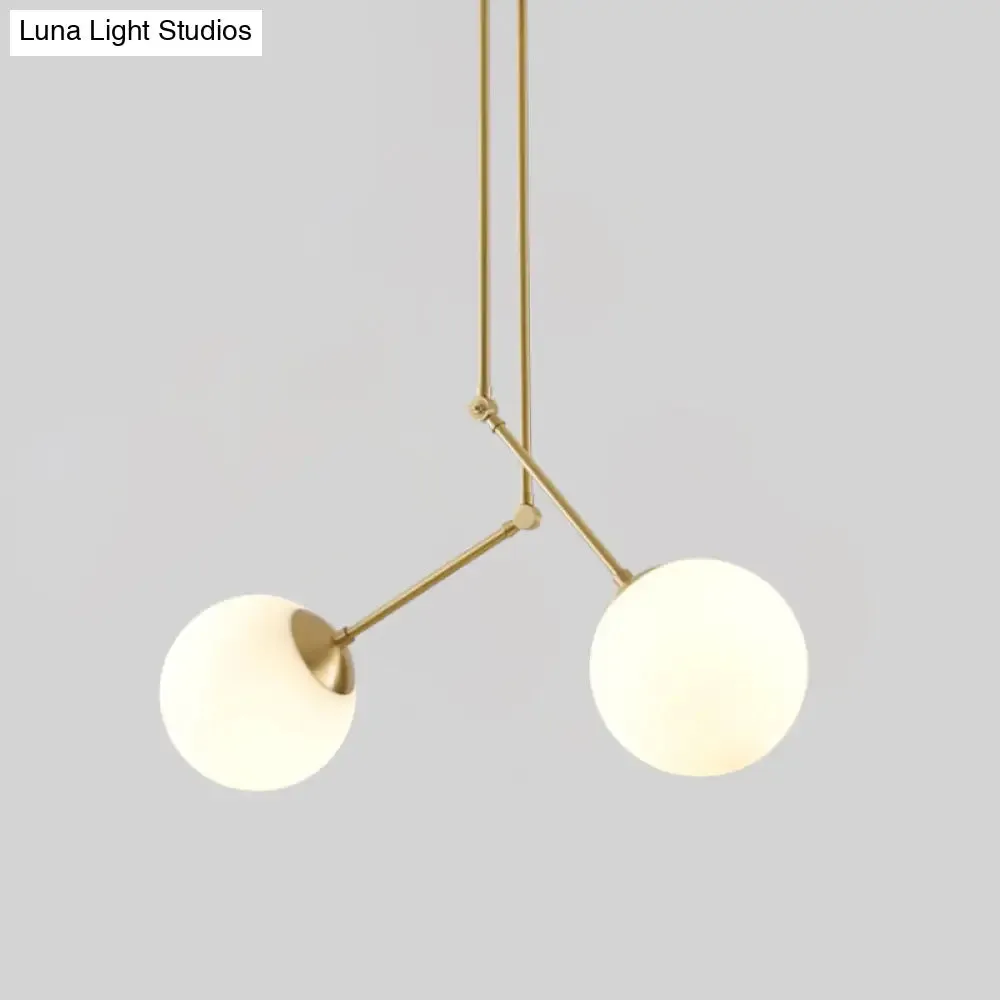 White Glass 2-Head Multi-Light Pendant with Adjustable Brass Node for Living Room Ceiling