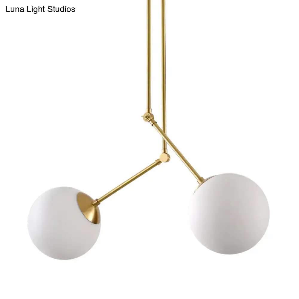 White Glass 2-Head Multi-Light Pendant with Adjustable Brass Node for Living Room Ceiling