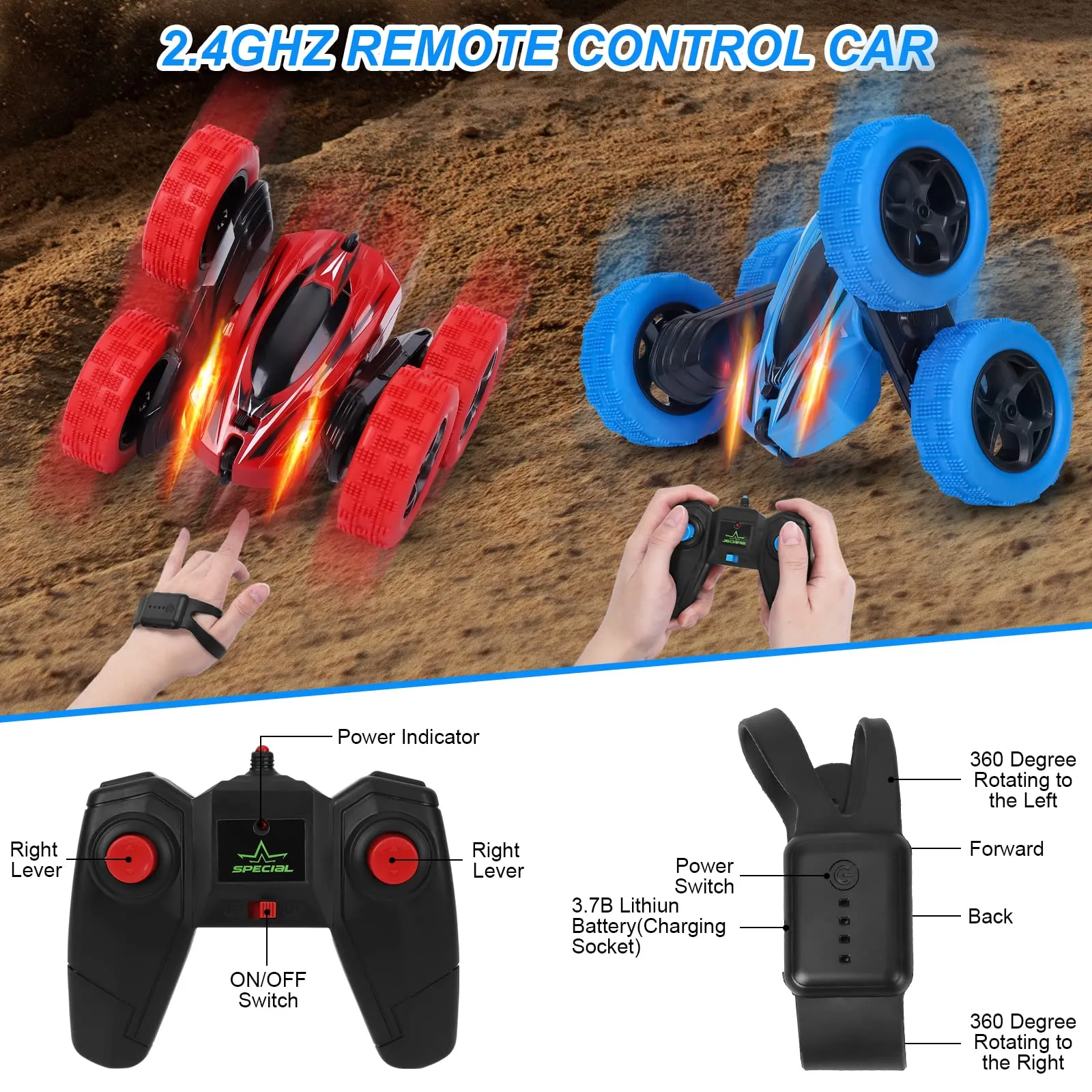 WHIZMAX 2Pack RC Stunt Car Watch Gesture Sensor Car Blue Red