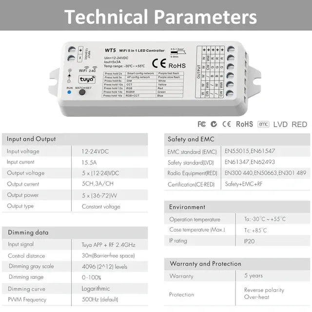 WT5 5 in 1 LED Light controller RF 2.4G