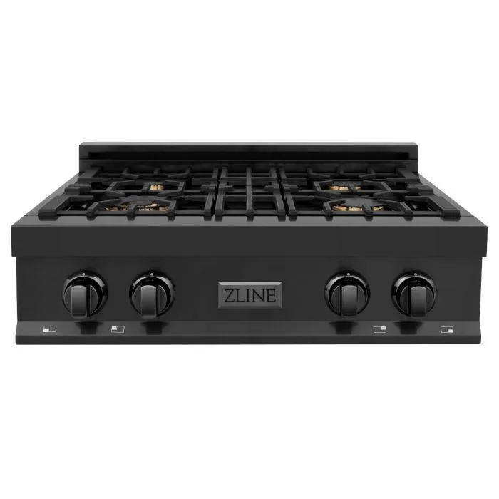 ZLINE 4-Piece Appliance Package - 30-Inch Rangetop with Brass Burners, Refrigerator, 30-Inch Electric Double Wall Oven, and Convertible Wall Mount Hood in Black Stainless Steel (4KPR-RTBRH30-AWD)