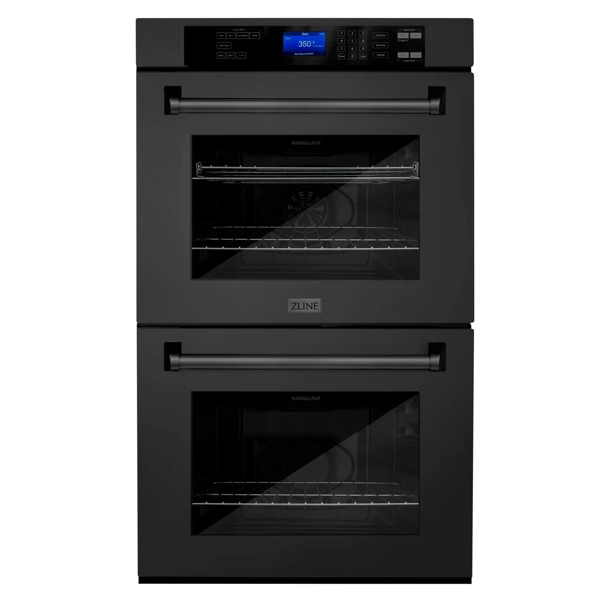 ZLINE 4-Piece Appliance Package - 30-Inch Rangetop with Brass Burners, Refrigerator, 30-Inch Electric Double Wall Oven, and Convertible Wall Mount Hood in Black Stainless Steel (4KPR-RTBRH30-AWD)