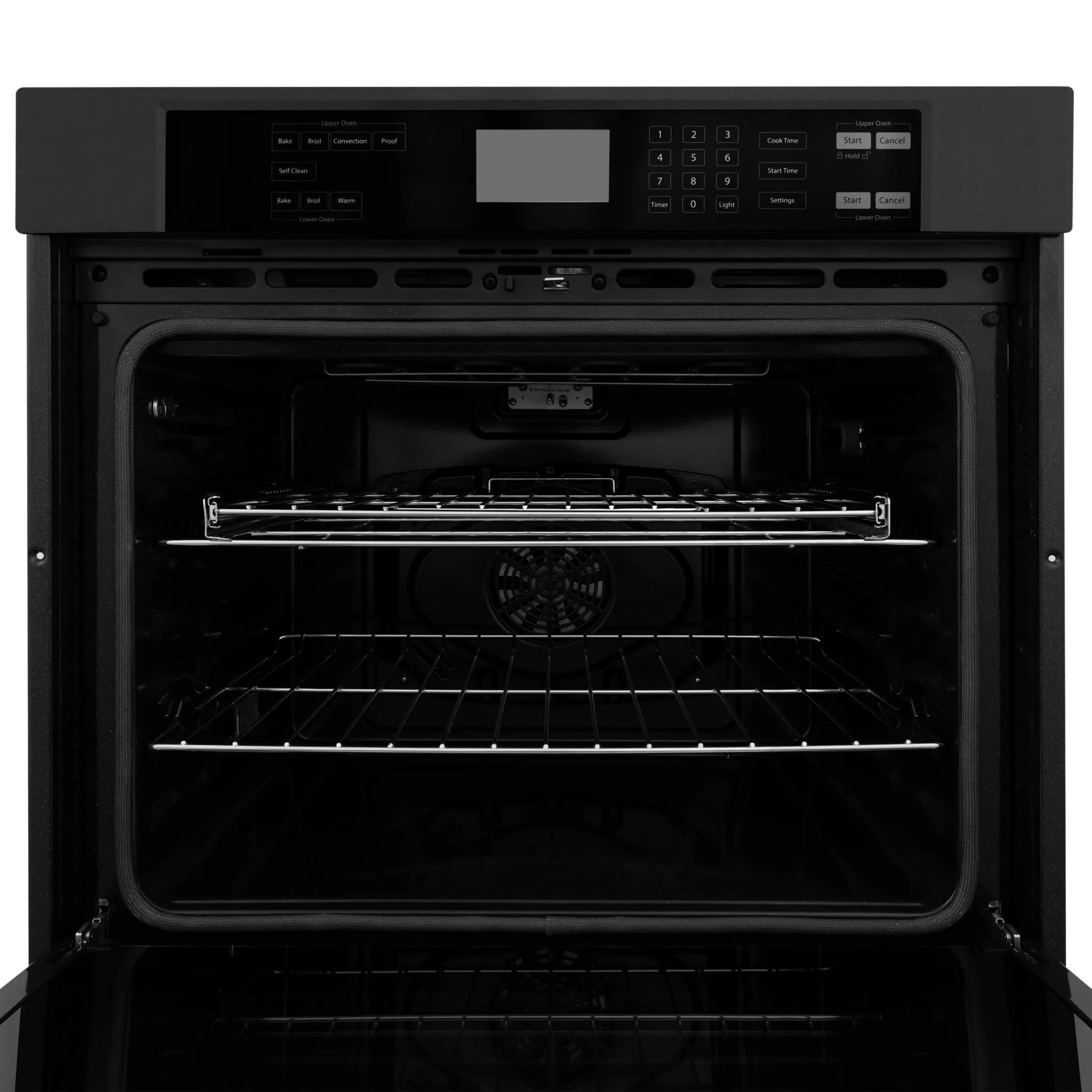 ZLINE 4-Piece Appliance Package - 30-Inch Rangetop with Brass Burners, Refrigerator, 30-Inch Electric Double Wall Oven, and Convertible Wall Mount Hood in Black Stainless Steel (4KPR-RTBRH30-AWD)