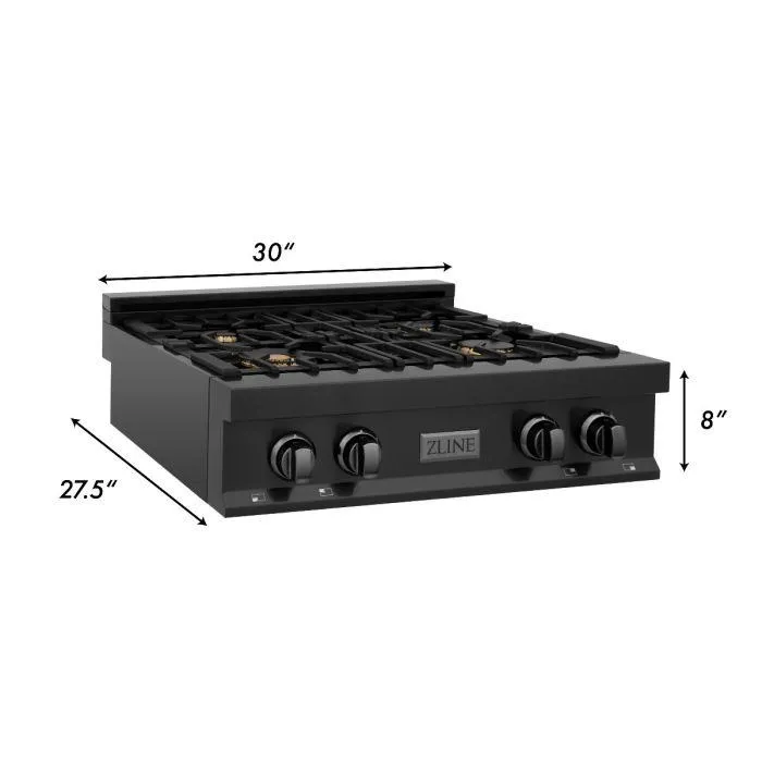 ZLINE 4-Piece Appliance Package - 30-Inch Rangetop with Brass Burners, Refrigerator, 30-Inch Electric Double Wall Oven, and Convertible Wall Mount Hood in Black Stainless Steel (4KPR-RTBRH30-AWD)