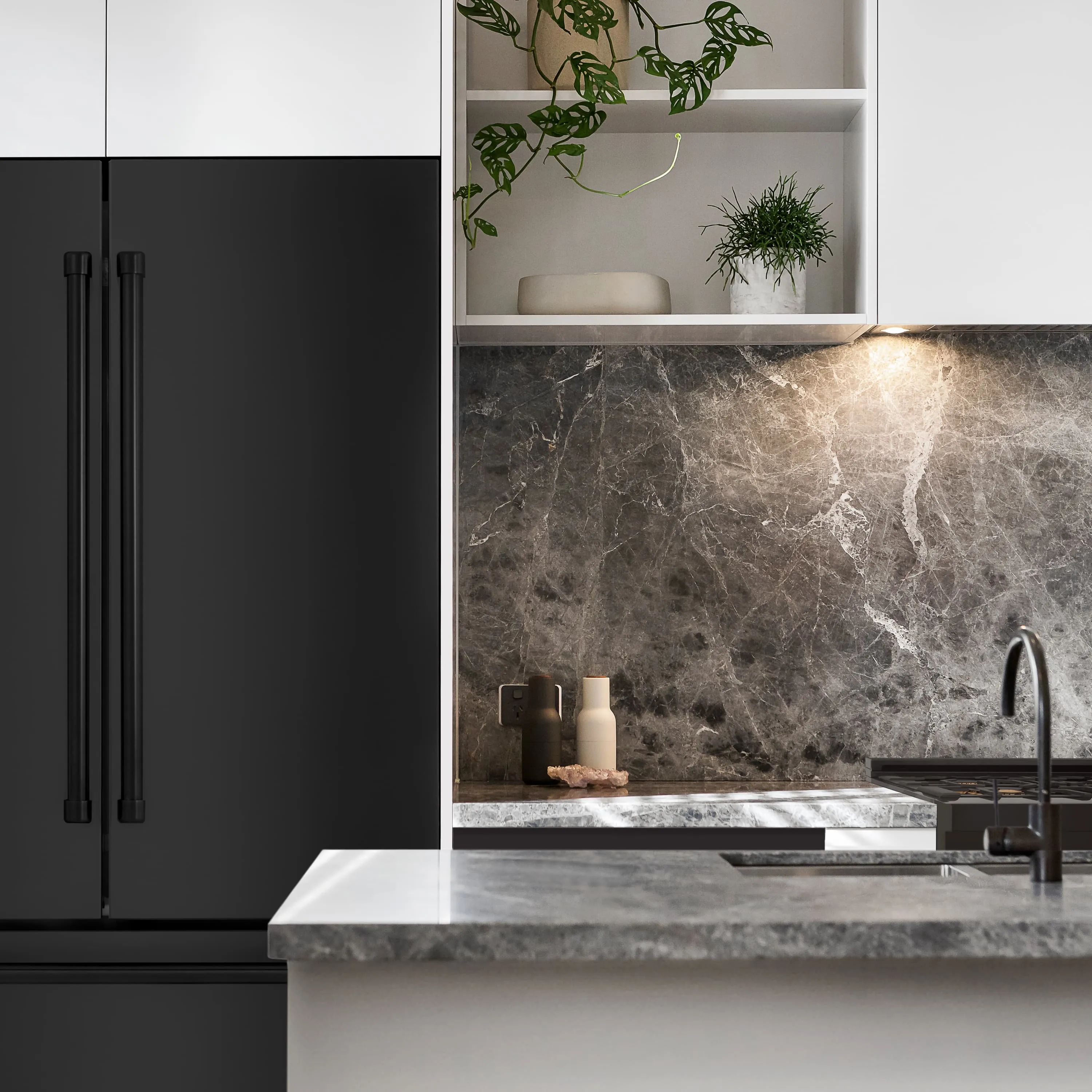 ZLINE 4-Piece Appliance Package - 30-Inch Rangetop with Brass Burners, Refrigerator, 30-Inch Electric Double Wall Oven, and Convertible Wall Mount Hood in Black Stainless Steel (4KPR-RTBRH30-AWD)
