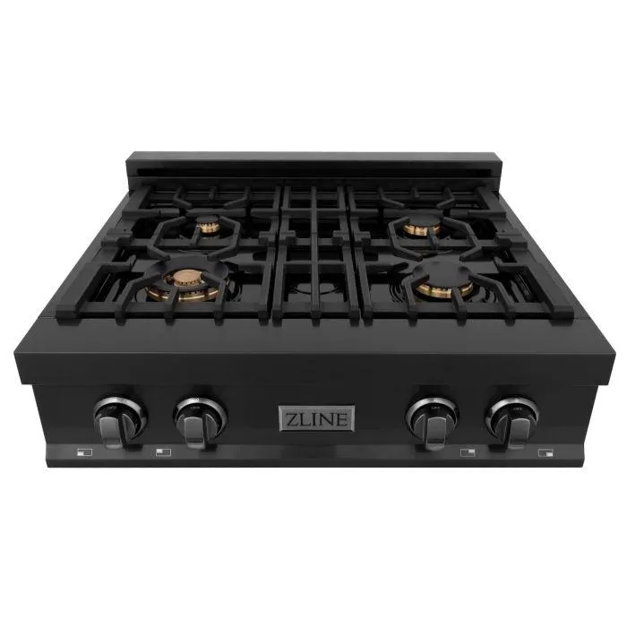 ZLINE 4-Piece Appliance Package - 30-Inch Rangetop with Brass Burners, Refrigerator, 30-Inch Electric Double Wall Oven, and Convertible Wall Mount Hood in Black Stainless Steel (4KPR-RTBRH30-AWD)