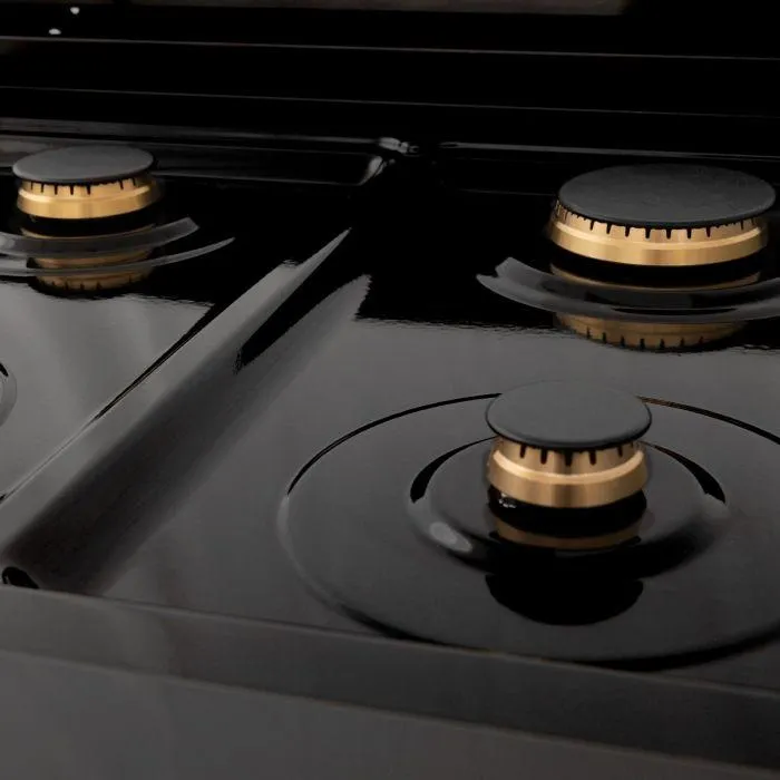 ZLINE 4-Piece Appliance Package - 30-Inch Rangetop with Brass Burners, Refrigerator, 30-Inch Electric Double Wall Oven, and Convertible Wall Mount Hood in Black Stainless Steel (4KPR-RTBRH30-AWD)