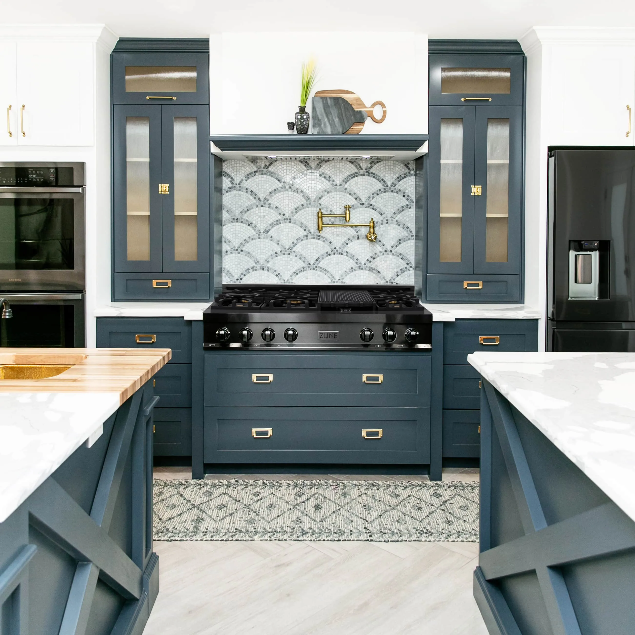 ZLINE 4-Piece Appliance Package - 48-Inch Rangetop with Brass Burners, Refrigerator, 30-Inch Electric Double Wall Oven, and Convertible Wall Mount Hood in Black Stainless Steel (4KPR-RTBRH48-AWD)