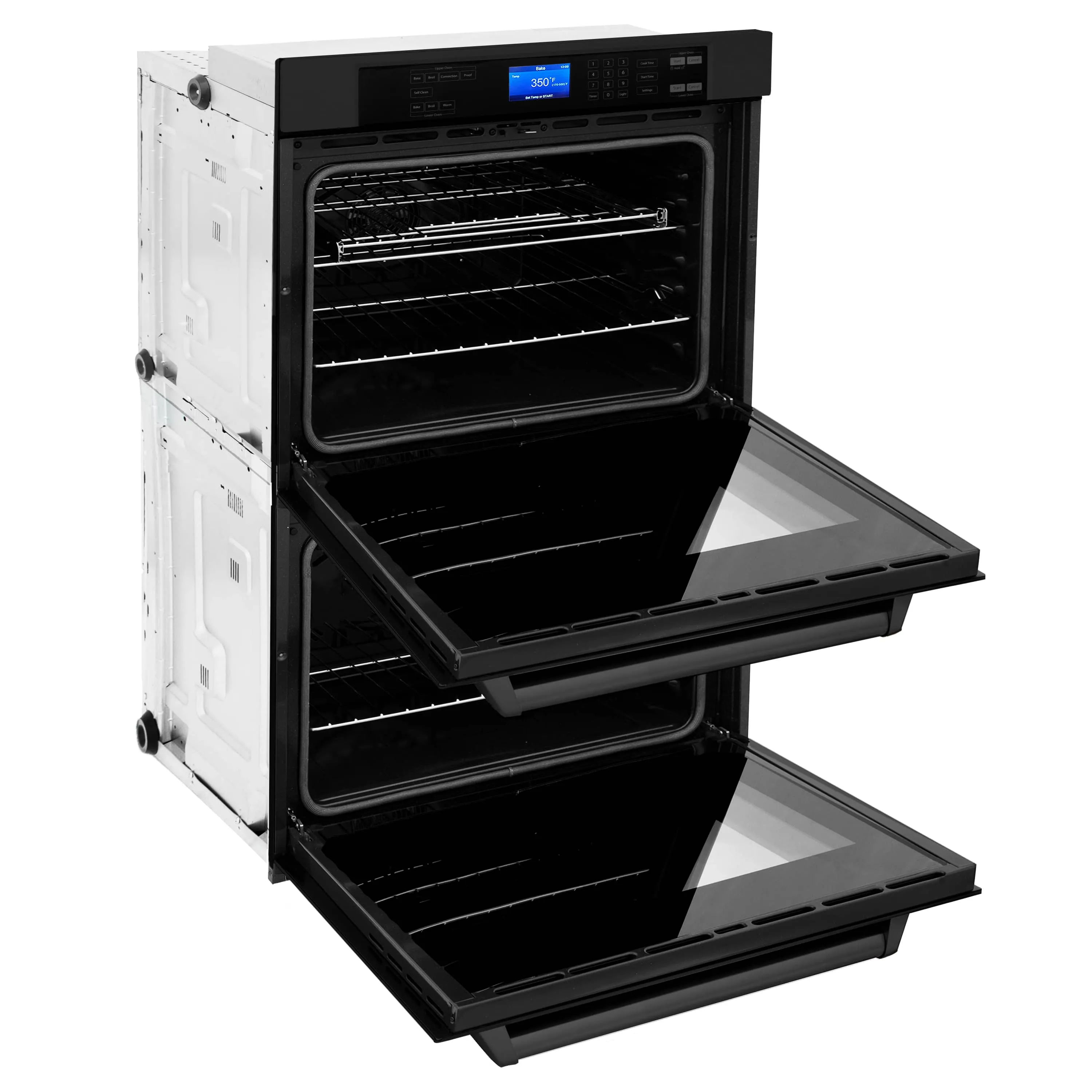 ZLINE 4-Piece Appliance Package - 48-Inch Rangetop with Brass Burners, Refrigerator, 30-Inch Electric Double Wall Oven, and Convertible Wall Mount Hood in Black Stainless Steel (4KPR-RTBRH48-AWD)