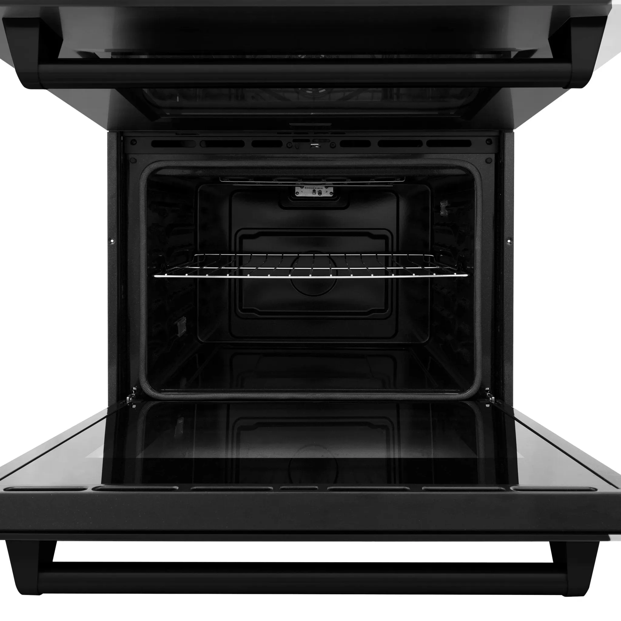 ZLINE 4-Piece Appliance Package - 48-Inch Rangetop with Brass Burners, Refrigerator, 30-Inch Electric Double Wall Oven, and Convertible Wall Mount Hood in Black Stainless Steel (4KPR-RTBRH48-AWD)