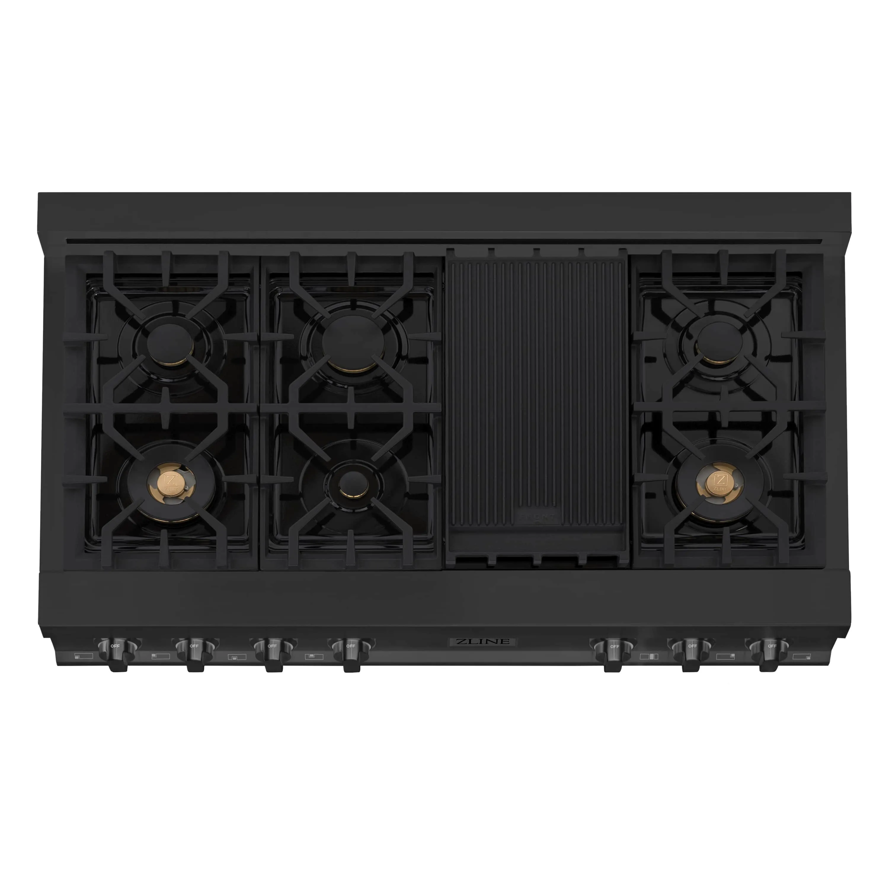 ZLINE 4-Piece Appliance Package - 48-Inch Rangetop with Brass Burners, Refrigerator, 30-Inch Electric Double Wall Oven, and Convertible Wall Mount Hood in Black Stainless Steel (4KPR-RTBRH48-AWD)