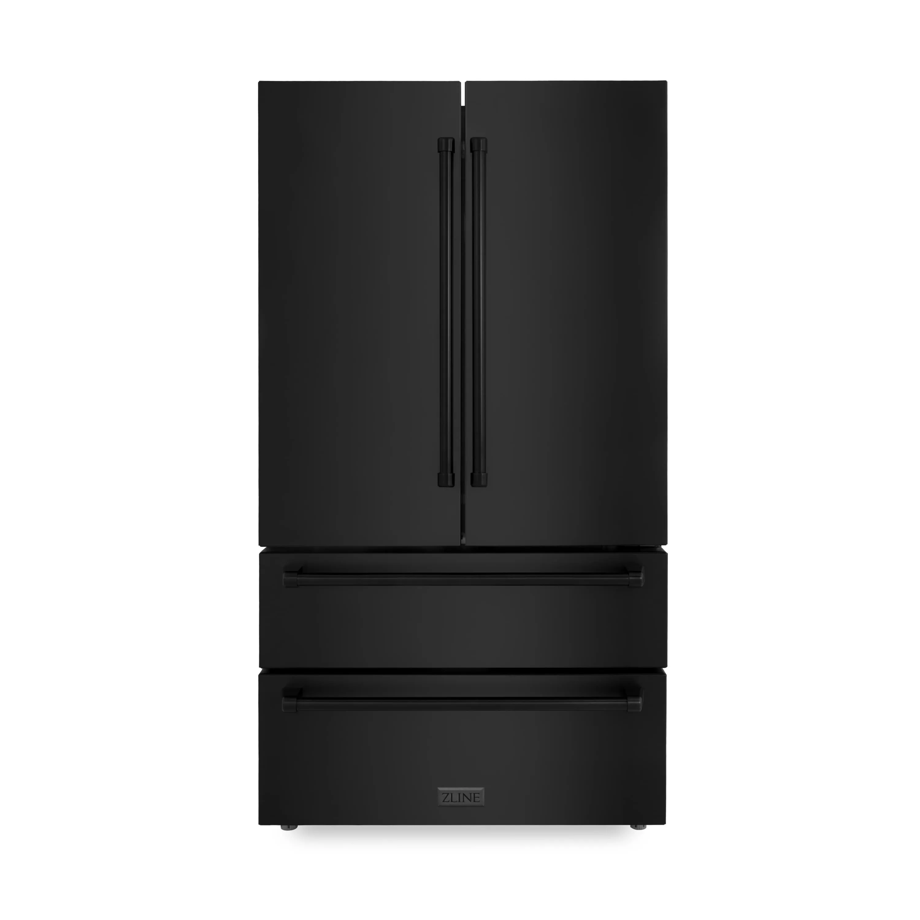 ZLINE 4-Piece Appliance Package - 48-Inch Rangetop with Brass Burners, Refrigerator, 30-Inch Electric Double Wall Oven, and Convertible Wall Mount Hood in Black Stainless Steel (4KPR-RTBRH48-AWD)