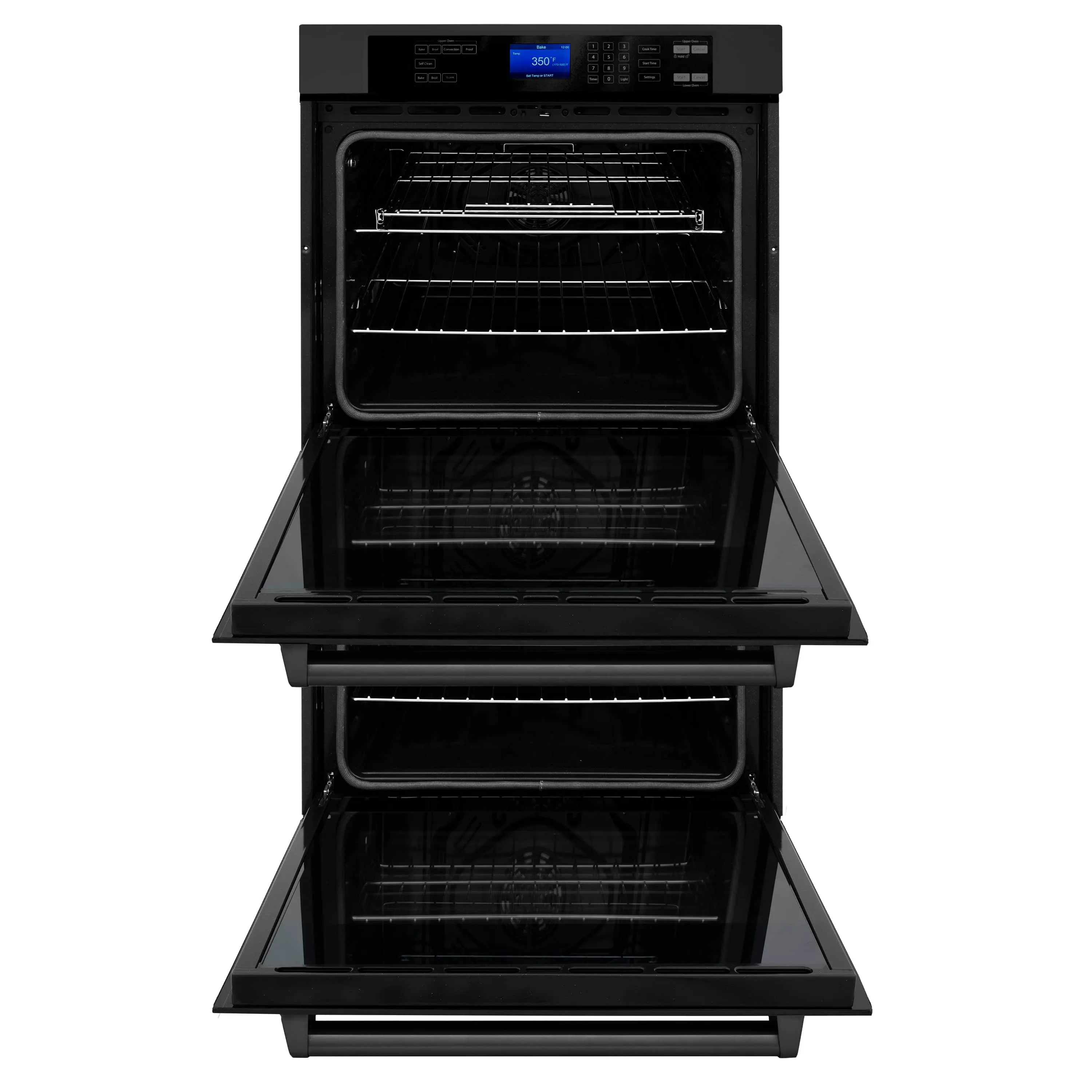 ZLINE 4-Piece Appliance Package - 48-Inch Rangetop with Brass Burners, Refrigerator, 30-Inch Electric Double Wall Oven, and Convertible Wall Mount Hood in Black Stainless Steel (4KPR-RTBRH48-AWD)
