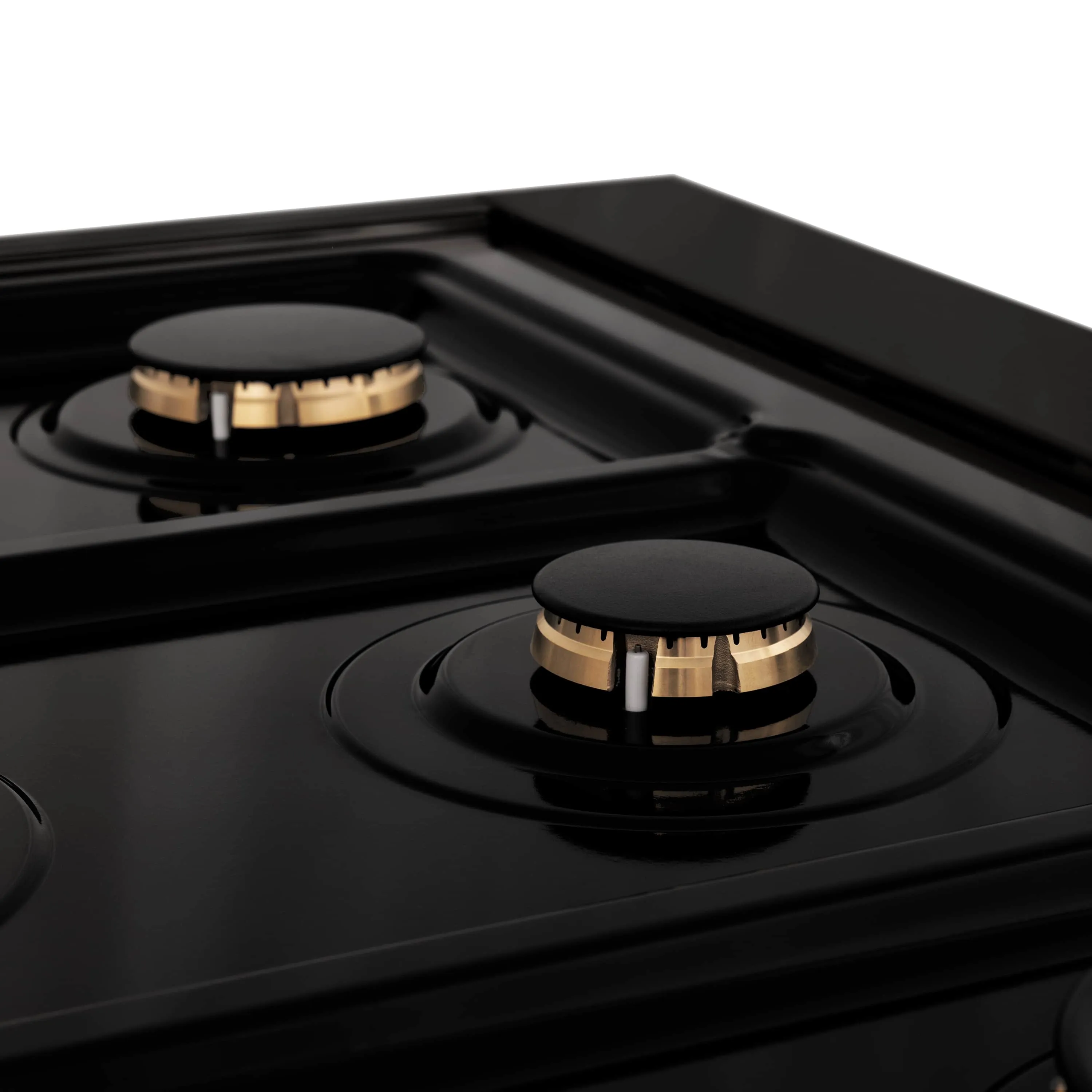 ZLINE 4-Piece Appliance Package - 48-Inch Rangetop with Brass Burners, Refrigerator, 30-Inch Electric Double Wall Oven, and Convertible Wall Mount Hood in Black Stainless Steel (4KPR-RTBRH48-AWD)